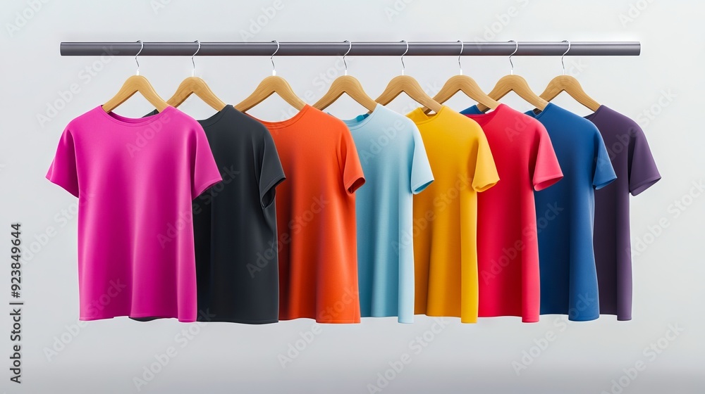 A row of colorful t-shirts hanging on a clothes rack A row of colorful t-shirts hanging on a clothes rack