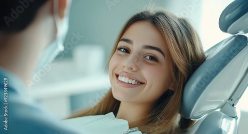 General Dentistry. Bodacious Woman in Dental Chair Smiling Happy with Dental Care