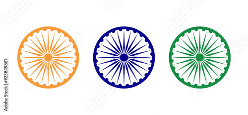 Ashoka chakra icon set in blue, orange and green color. Ashoka Chakra-symbol from the flag of India. Ashoka Wheel for Indian Independence Day. Flat design vector illustration.