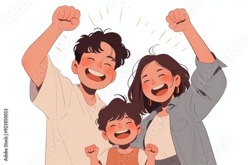 A happy family of three cheering with their fists in the air