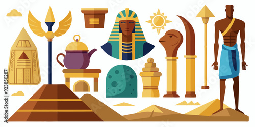 Egypt stone statue set, vector ancient rock ruin, pharaoh clay figurine, Egyptian gods silhouette, Osiris. Old civilization archaeology monument, temple object on white. Egypt tomb statue collection 
