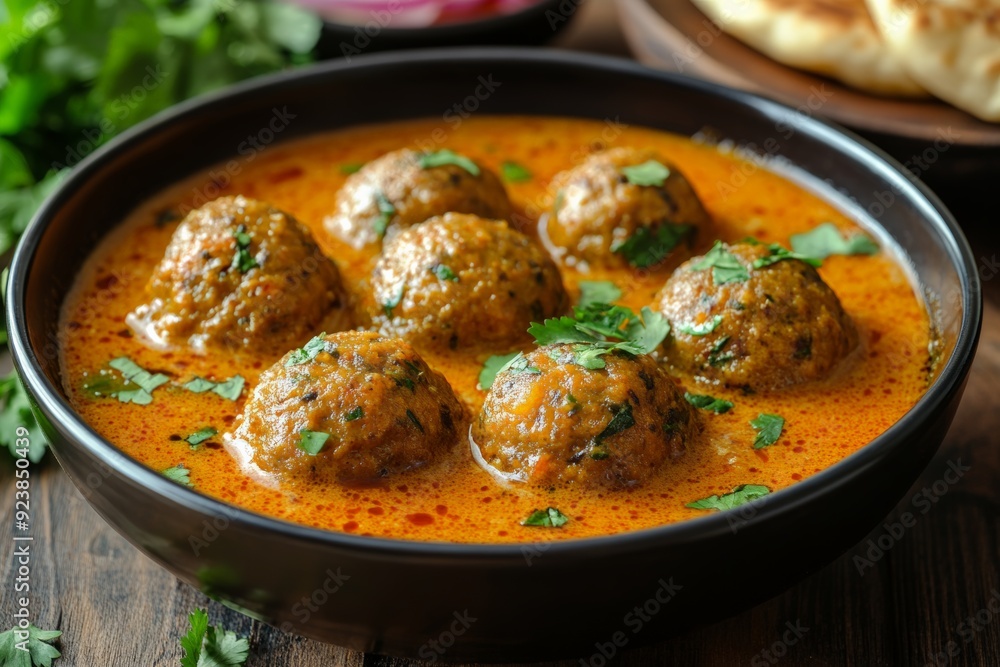 A rich and flavorful bowl of Indian meatball curry, garnished with fresh cilantro in a spiced tomato and cream-based sauce, showcasing traditional Indian flavors. A rich and flavorful bowl of Indian meatball curry, garnished with fresh cilantro in a spiced tomato and cream-based sauce, showcasing traditional Indian flavors.