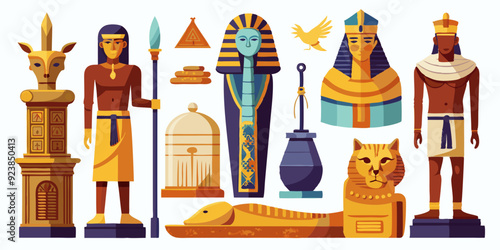 Egypt stone statue set, vector ancient rock ruin, pharaoh clay figurine, Egyptian gods silhouette, Osiris. Old civilization archaeology monument, temple object on white. Egypt tomb statue collection 