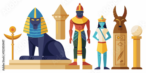 Egypt stone statue set, vector ancient rock ruin, pharaoh clay figurine, Egyptian gods silhouette, Osiris. Old civilization archaeology monument, temple object on white. Egypt tomb statue collection 