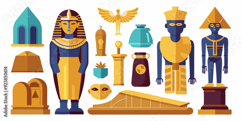 Egypt stone statue set, vector ancient rock ruin, pharaoh clay figurine, Egyptian gods silhouette, Osiris. Old civilization archaeology monument, temple object on white. Egypt tomb statue collection 