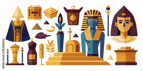 Egypt stone statue set, vector ancient rock ruin, pharaoh clay figurine, Egyptian gods silhouette, Osiris. Old civilization archaeology monument, temple object on white. Egypt tomb statue collection 