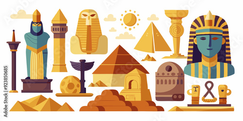 Egypt stone statue set, vector ancient rock ruin, pharaoh clay figurine, Egyptian gods silhouette, Osiris. Old civilization archaeology monument, temple object on white. Egypt tomb statue collection 