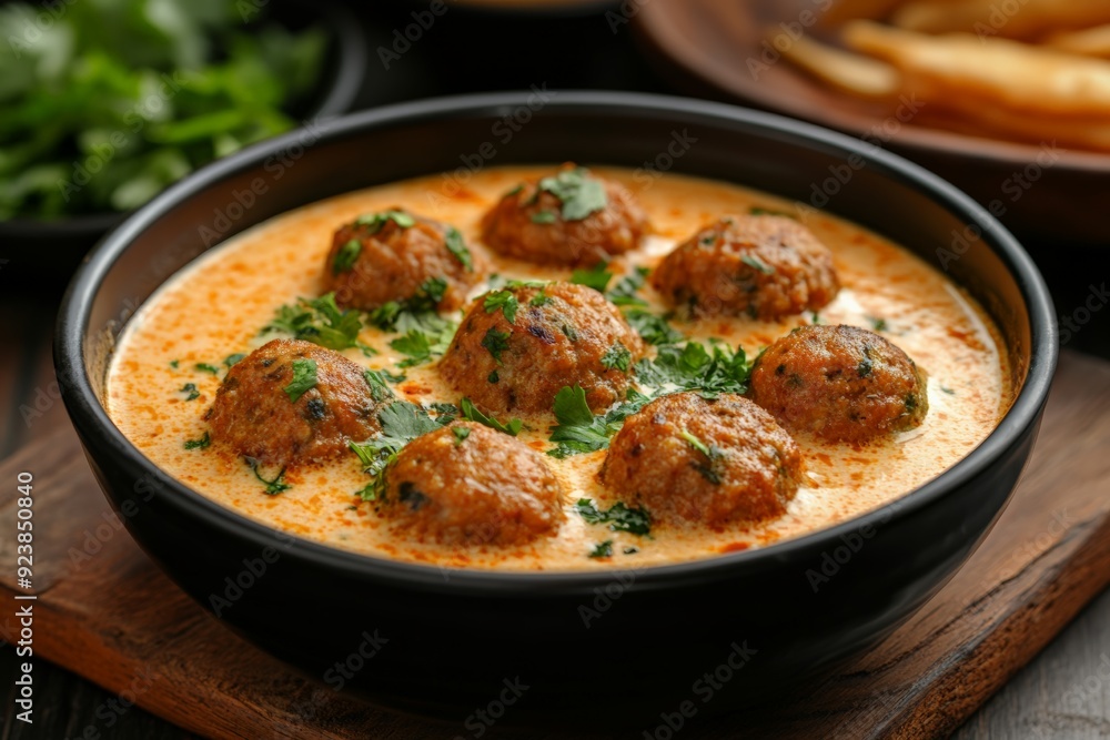 A bowl of kofta balls in a yogurt-based sauce, garnished with cilantro, served in a traditional Indian style. A bowl of kofta balls in a yogurt-based sauce, garnished with cilantro, served in a traditional Indian style.