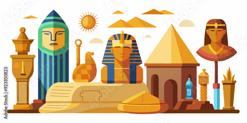 Egypt stone statue set, vector ancient rock ruin, pharaoh clay figurine, Egyptian gods silhouette, Osiris. Old civilization archaeology monument, temple object on white. Egypt tomb statue collection 