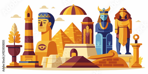 Egypt stone statue set, vector ancient rock ruin, pharaoh clay figurine, Egyptian gods silhouette, Osiris. Old civilization archaeology monument, temple object on white. Egypt tomb statue collection 