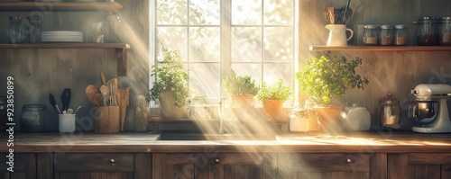 Rustic farmhouse kitchen with natural wood, vintage decor, sunlight streaming in