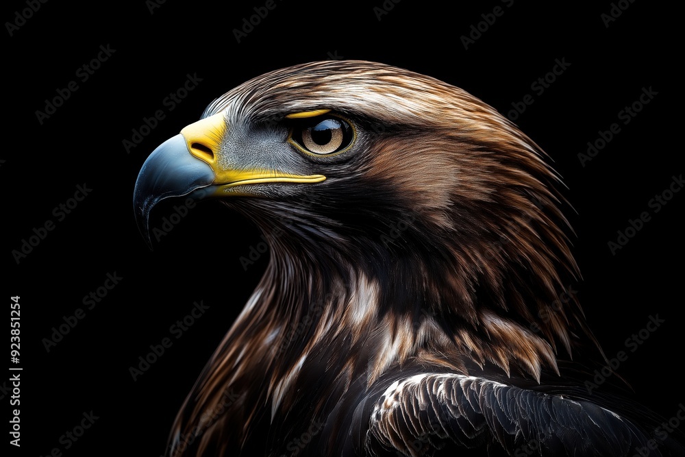 Fototapeta premium Photo of a Golden eagle isolated against a black background, emphasising the Golden eagle's majestic features. Wildlife and conservation concept, space for copy.