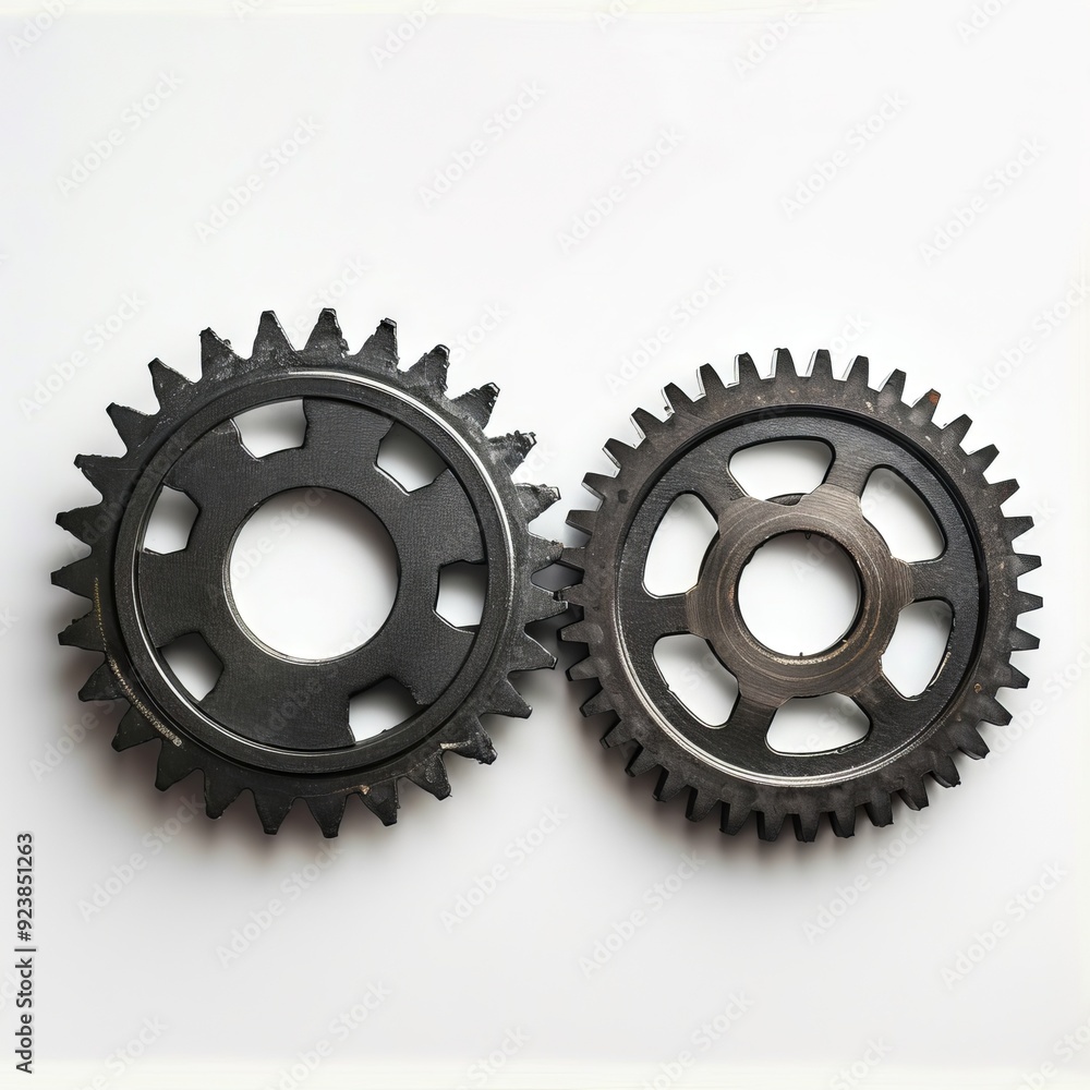 A pair of gears on a white surface A pair of gears on a white surface