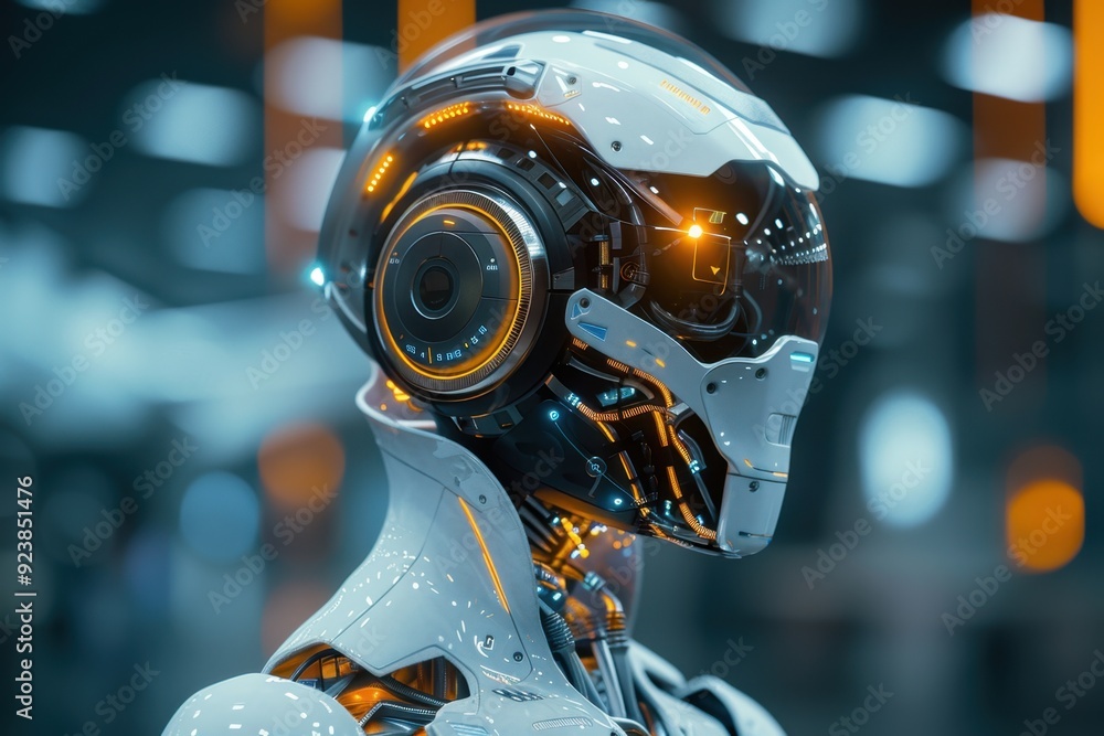 Fototapeta premium Close-up of a Futuristic Robot's Head with Glowing Lights