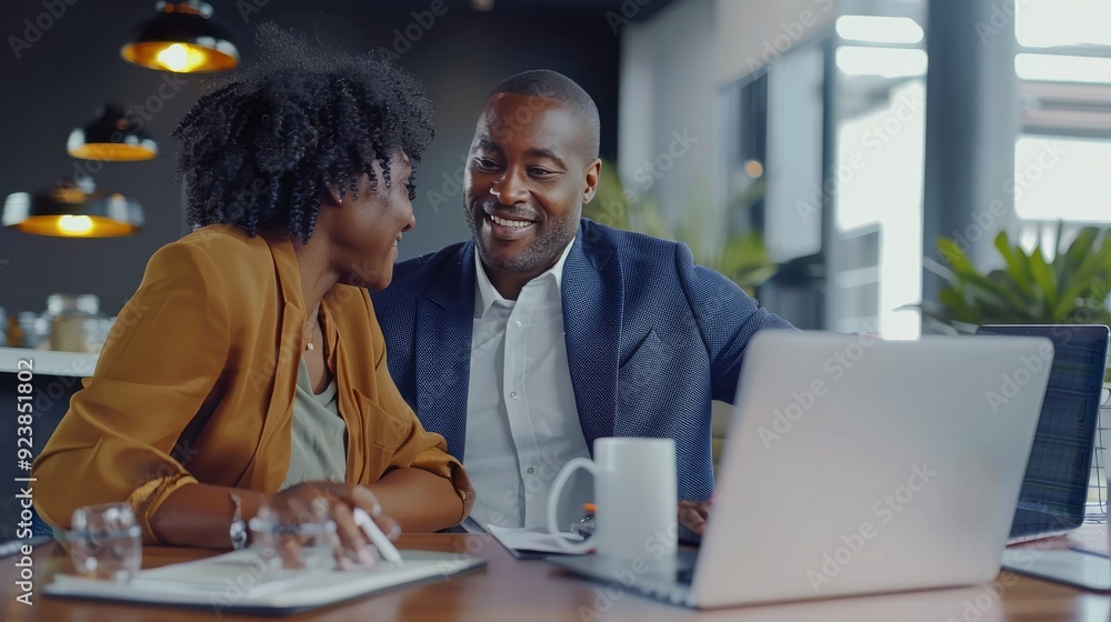 Two business people using a laptop together while sitting in a meeting. Happy business people looking at a slide presentation in an office. Two business people using a laptop together while sitting in a meeting. Happy business people looking at a slide presentation in an office.