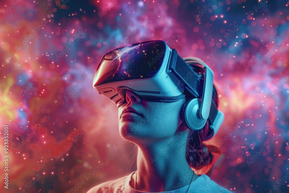 Person Wearing a Virtual Reality Headset with a Starry Sky in the Background Person Wearing a Virtual Reality Headset with a Starry Sky in the Background
