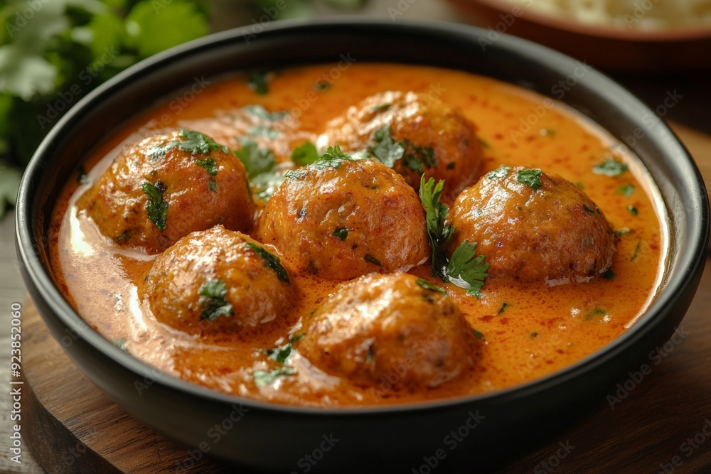 A bowl of delicious Indian meatball curry in a rich and spiced gravy, garnished with cilantro, served as a comforting and hearty dish. A bowl of delicious Indian meatball curry in a rich and spiced gravy, garnished with cilantro, served as a comforting and hearty dish.