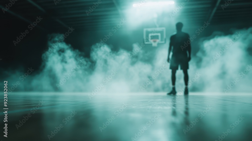 A solitary basketball player is seen from a distance on a smoke-filled court, capturing the dramatic and moody atmosphere of the sport in an indoor setup. A solitary basketball player is seen from a distance on a smoke-filled court, capturing the dramatic and moody atmosphere of the sport in an indoor setup.