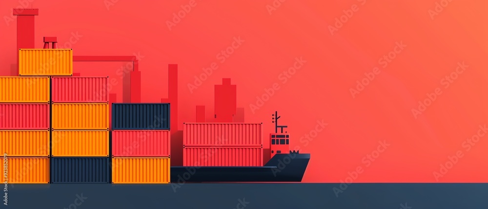 Cargo ship with containers against a red background. Cargo ship with containers against a red background.