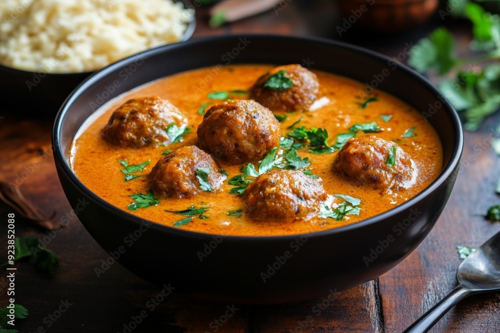 A bowl of delicious Indian meatball curry in a rich and spiced gravy, garnished with cilantro, served as a comforting and hearty dish. A bowl of delicious Indian meatball curry in a rich and spiced gravy, garnished with cilantro, served as a comforting and hearty dish.