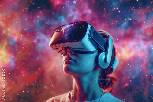 Person Wearing a Virtual Reality Headset with a Starry Sky in the Background