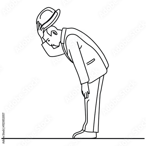 A man respect by simply taking off their hats and bowing has way to showing respect hand drawn line art
