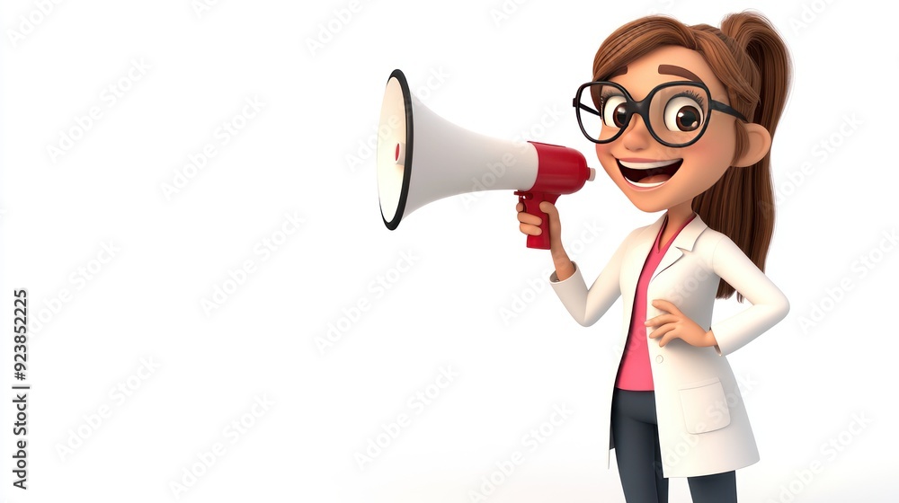 A cheerful cartoon doctor woman with glasses and a ponytail, wearing a white lab coat, holds a megaphone and smiles while looking to the left. A cheerful cartoon doctor woman with glasses and a ponytail, wearing a white lab coat, holds a megaphone and smiles while looking to the left.