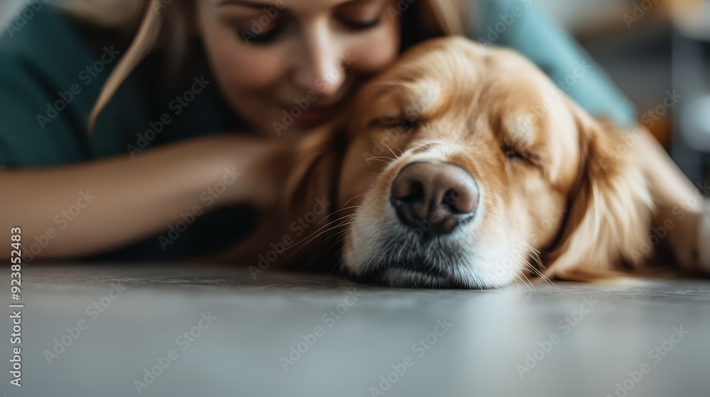A woman cuddles with her golden retriever who is resting peacefully, showcasing the nurturing bond and affection between the pet and owner in a homely and comfortable environment. A woman cuddles with her golden retriever who is resting peacefully, showcasing the nurturing bond and affection between the pet and owner in a homely and comfortable environment.