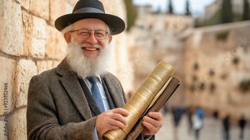 Happy jewish rabbi with smile on his face Priest of Jewish religion Judaism and Western wall behind him