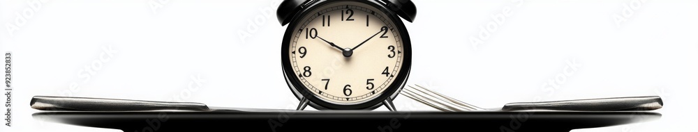 Alarm Clock on a Black Plate with Isolated Cutlery on a Clean Background: A Timely Reminder of Daily Routine and Etiquette Alarm Clock on a Black Plate with Isolated Cutlery on a Clean Background: A Timely Reminder of Daily Routine and Etiquette