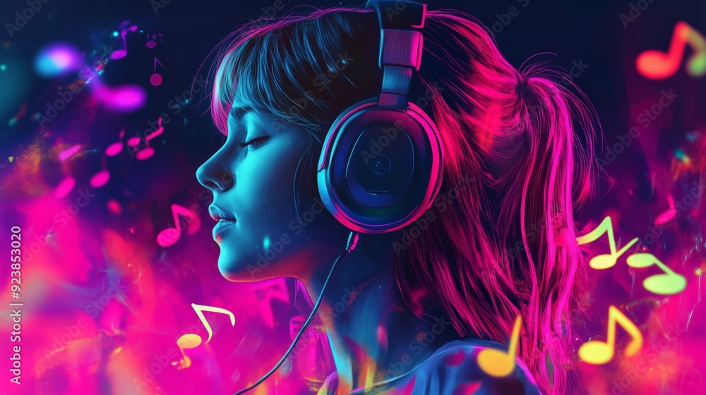 Woman immersed in vibrant music while wearing headphones, surrounded by colorful musical notes and neon lights. Woman immersed in vibrant music while wearing headphones, surrounded by colorful musical notes and neon lights.
