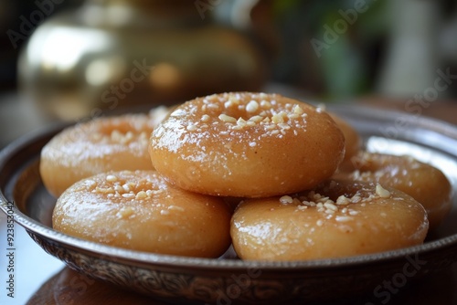 A plate of orange-colored Indian sweets, garnished with chopped nuts and arranged neatly, perfect for festivals and celebrations.