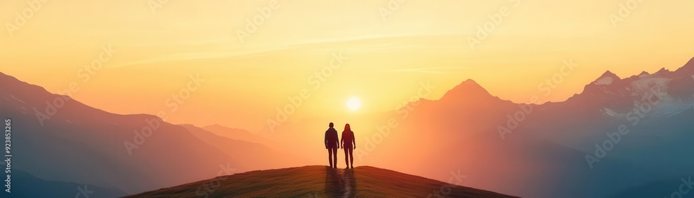 Fototapeta premium Serene mountain trail with hikers enjoying the scenery, early morning light