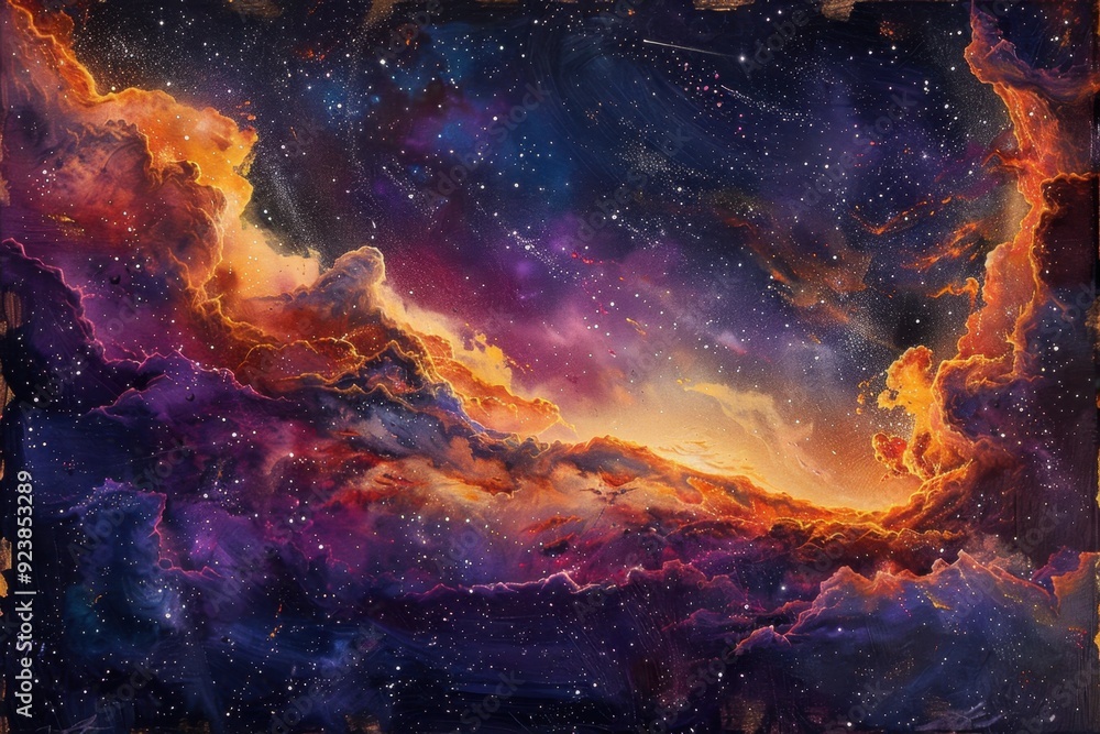 Fototapeta premium A Cosmic Landscape with Orange Nebulae and Stars