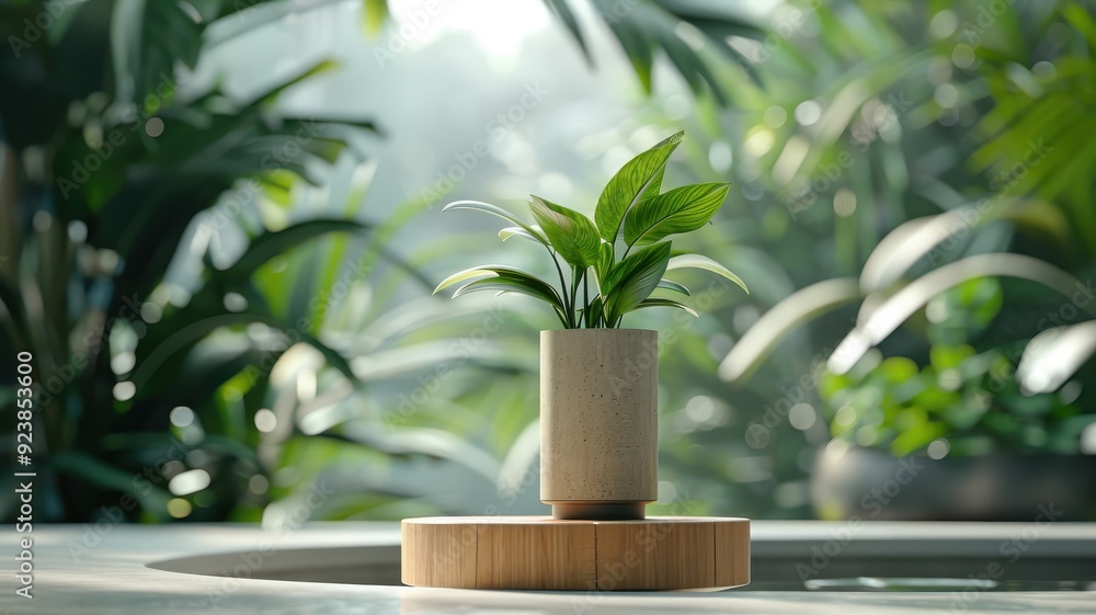 Product display on a wooden podium in a tropical jungle, with green foliage, dense trees, and a scenic water feature. Product display on a wooden podium in a tropical jungle, with green foliage, dense trees, and a scenic water feature.