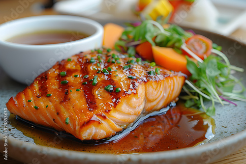 salmon steak and teriyaki sauce,miso soup,vegetable salad,cool day light photo