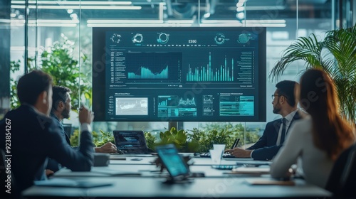 Wallpaper Mural A group of people are sitting around a large monitor displaying graphs Torontodigital.ca