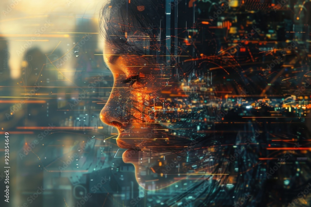 Digital Cityscape and Human Profile Overlaid Digital Cityscape and Human Profile Overlaid