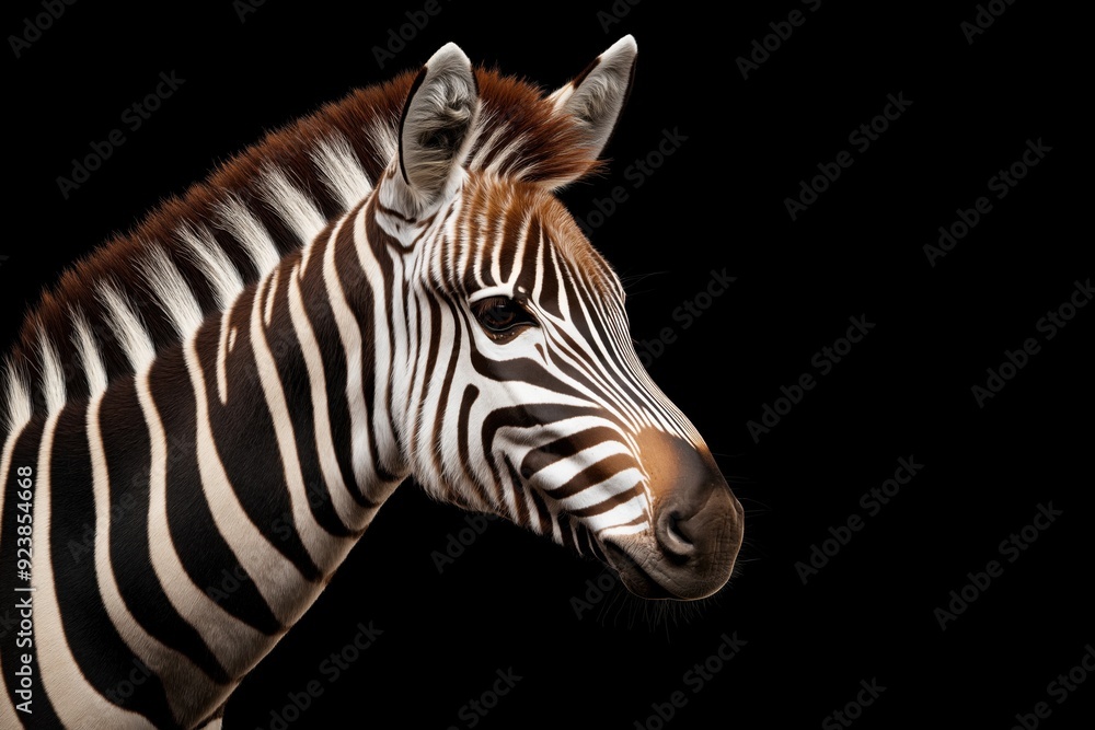 Photo of a zebra isolated against a black background, emphasising the zebra's majestic features. Wildlife and conservation concept, space for copy. Photo of a zebra isolated against a black background, emphasising the zebra's majestic features. Wildlife and conservation concept, space for copy.
