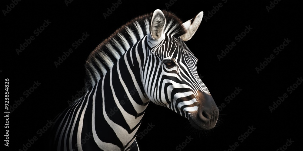 Fototapeta premium Photo of a zebra isolated against a black background, emphasising the zebra's majestic features. Wildlife and conservation concept, space for copy.