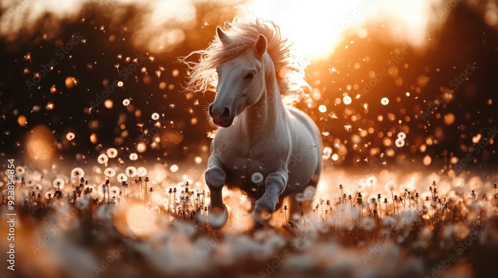 A graceful white horse is galloping through a sunflower field, creating a scene of freedom and vitality, enhanced by the golden sunlight and floating dandelion seeds. A graceful white horse is galloping through a sunflower field, creating a scene of freedom and vitality, enhanced by the golden sunlight and floating dandelion seeds.