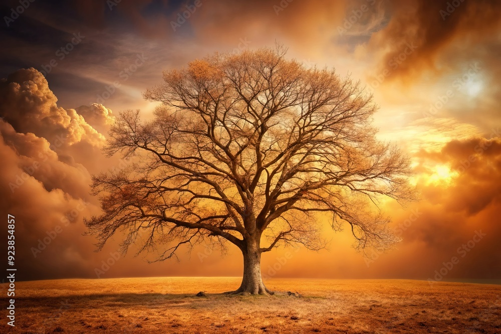 Obraz premium Isolated dry brown tree stands against a warm, earthy-toned background, evoking a sense of autumn's decay and the cyclical nature of life and seasons.