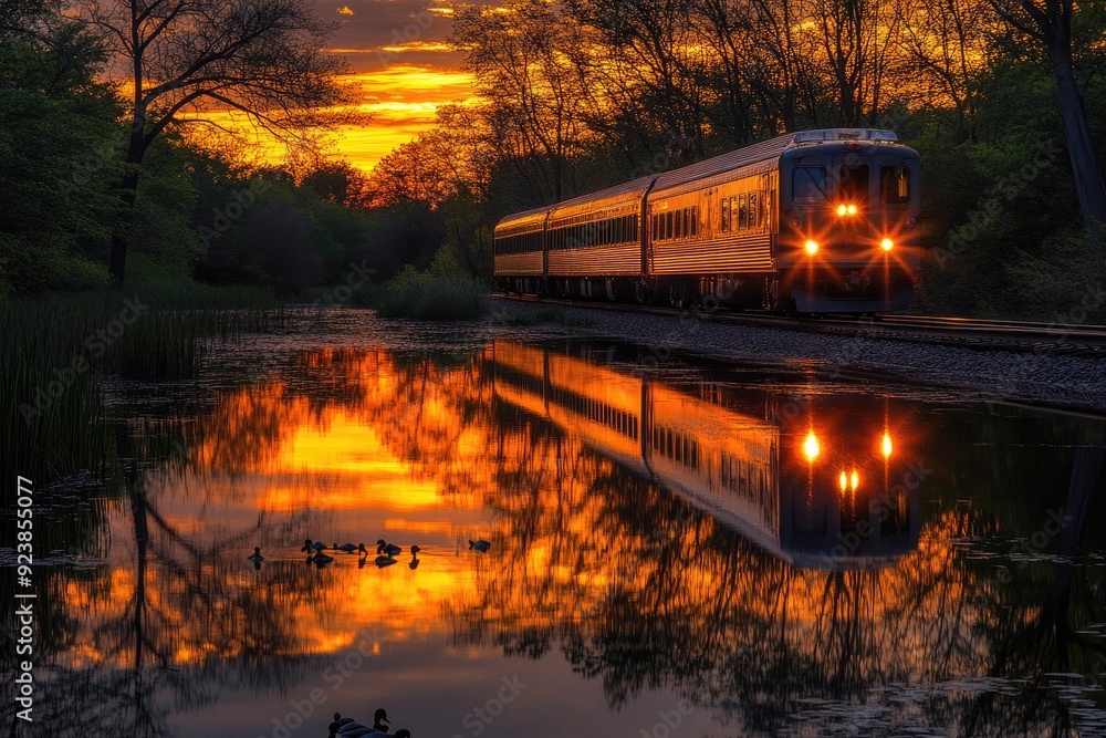 Lake Forest Illinois. Metra Train Commuter Traveling Through Sunset, Reflecting on Duck Pond Water Lake Forest Illinois. Metra Train Commuter Traveling Through Sunset, Reflecting on Duck Pond Water