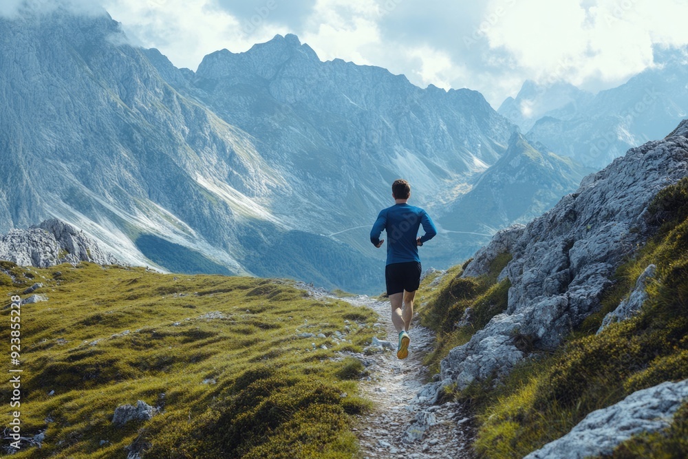 Man Running Up Mountain. Trail Running for Fitness in the Natural Exclusive Scenery Man Running Up Mountain. Trail Running for Fitness in the Natural Exclusive Scenery