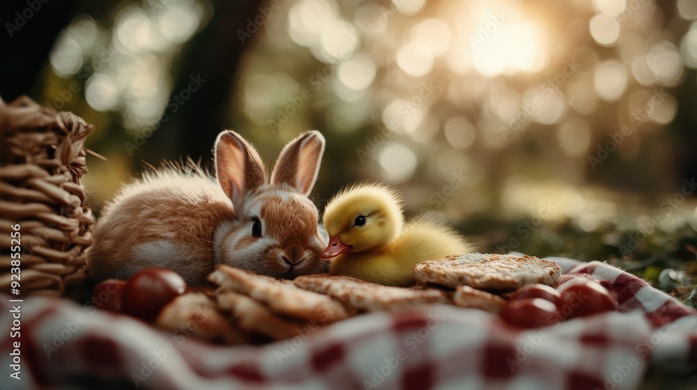 A cute bunny and duckling are sitting together on a picnic blanket outdoors with food and cherry tomatoes, enjoying a beautiful sunny day in nature. A cute bunny and duckling are sitting together on a picnic blanket outdoors with food and cherry tomatoes, enjoying a beautiful sunny day in nature.
