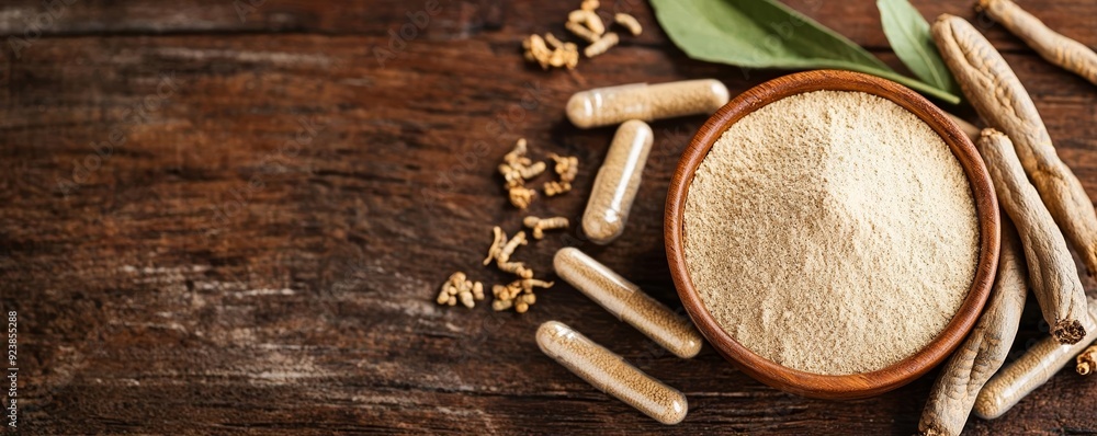 Ashwagandha powder in a bowl with raw roots scattered around on a rustic wooden table, Herbal supplements, Natural representation of Ashwagandha's powerful adaptogenic benefits Ashwagandha powder in a bowl with raw roots scattered around on a rustic wooden table, Herbal supplements, Natural representation of Ashwagandha's powerful adaptogenic benefits
