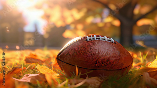 American football ball on green grass in autumn park. Close-up