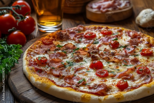 A ham and cheese pizza with a crispy crust, paired with a glass of beer and fresh tomatoes on a rustic wooden table.