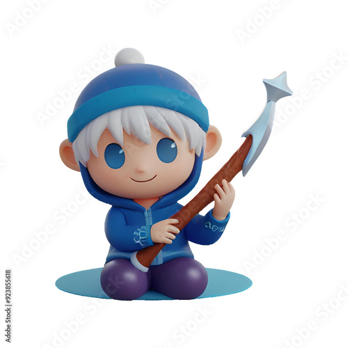 3D Chibi Jack Frost wearing a blue shirt and white hair has a transparent background, which is convenient to use.