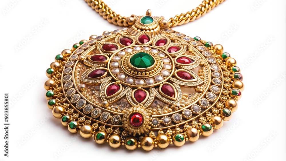Obraz premium Elegant imitation gold necklace featuring a large, intricately engraved pendant adorned with sparkling precious stones, exuding luxury and sophistication.